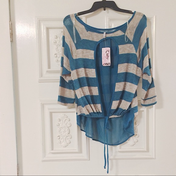 Pretty Teal & Tan Top with Fun Sheer Detailed Back - Picture 3 of 8